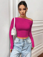 SOLID COLOR ASYMMETRIC COLLAR PLEATED CROPPED TOP